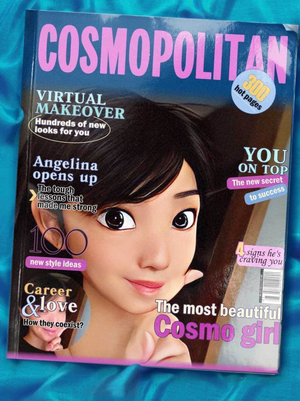 アメリカのコスモポリタン紙風にデザインされた代表Kumikoの3Dイラスト。遊び心溢れる代表あいさつのイメージ画像。