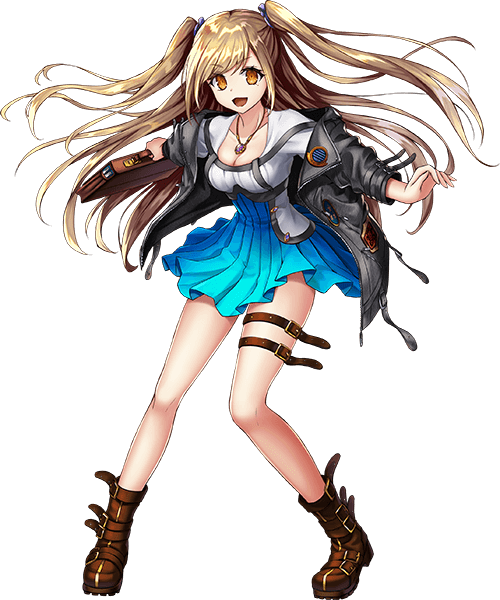 金髪の若い女の子が躍動感あふれる革ジャンとブルーのスカートを着用したイラスト。Vtuber活動のプロモーションと独自モデル制作に関する情報を伝えます。