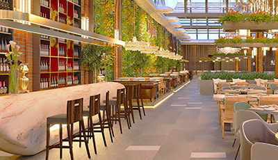 カフェレストランのイラスト。ガラス張りの広い空間に30席があり、植物が飾られ、自然とナチュラルな雰囲気の日中の店内です。